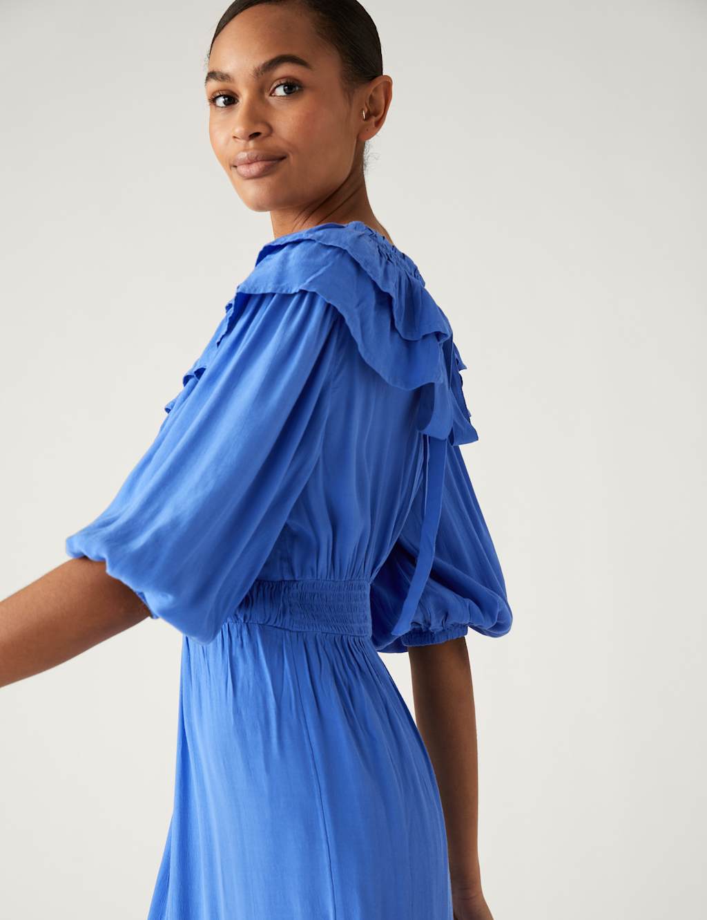 V-Neck Frill Detail Midi Waisted Dress image 4