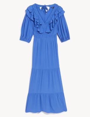 V-Neck Frill Detail Midi Waisted Dress