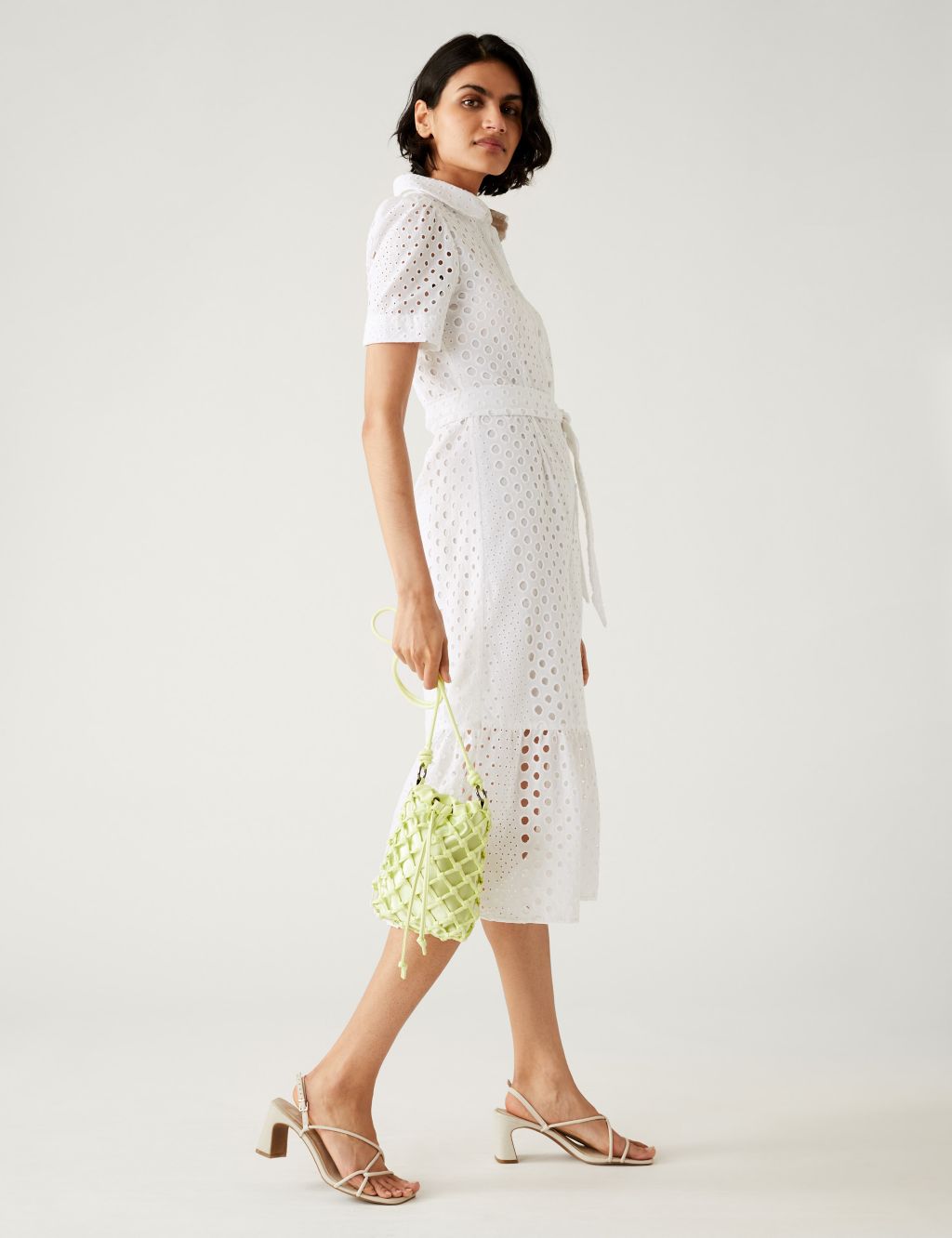 Pure Cotton Broderie Belted Midi Shirt Dress image 1