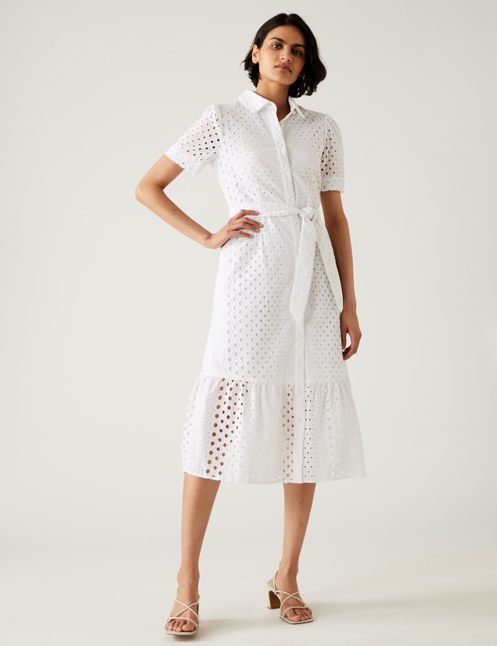 Pure Cotton Broderie Belted Midi Shirt Dress image 3