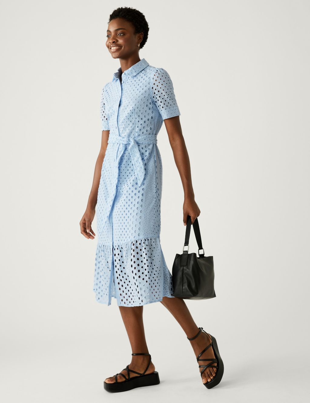 Pure Cotton Broderie Belted Midi Shirt Dress image 3