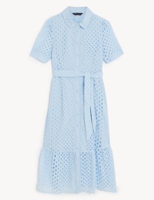 Pure Cotton Broderie Belted Midi Shirt Dress