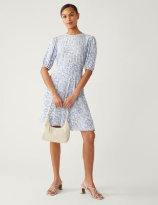 

Womens M&S Collection Printed Round Neck Mini Tea Dress - Blue Mix, Blue Mix