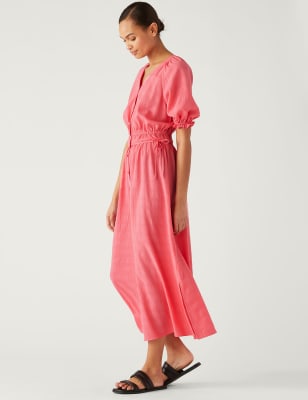

Womens M&S Collection V-Neck Button Through Midi Waisted Dress - Medium Pink, Medium Pink