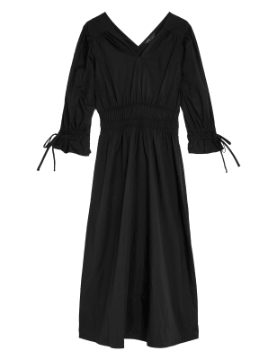 

M&S Collection Vestido maxi a media pierna a la cintura 100% algodón de escote en picoWomens - Black, Black