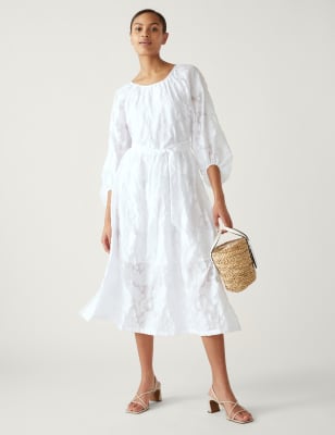 

Womens M&S Collection Embroidered Belted Midi Waisted Dress - Soft White, Soft White