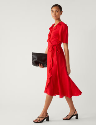 

Womens M&S Collection Linen Rich V-Neck Midi Wrap Dress - Red, Red