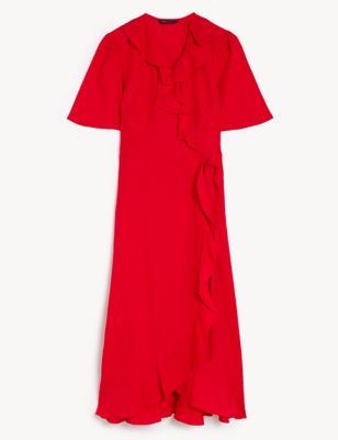 Linen Rich V-Neck Midi Wrap Dress