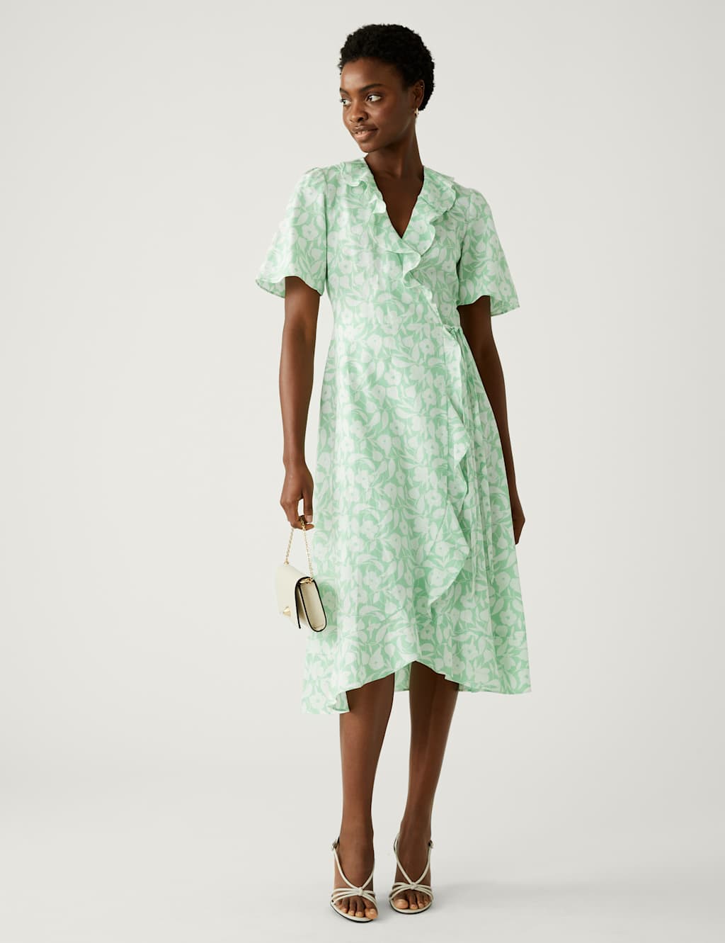 Linen Rich Floral V-Neck Midi Wrap Dress image 3