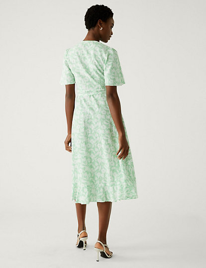 Linen Rich Floral V-Neck Midi Wrap Dress