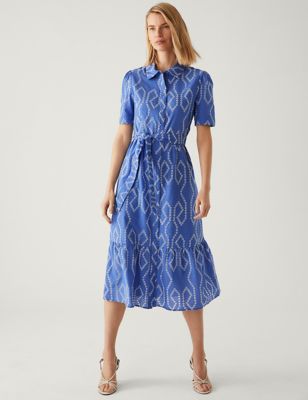 

Womens M&S Collection Pure Cotton Broderie Midaxi Shirt Dress - Blue Mix, Blue Mix