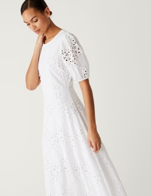 

Womens M&S Collection Pure Cotton Broderie Midaxi Tea Dress - Soft White, Soft White