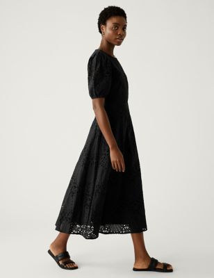 

Womens M&S Collection Pure Cotton Broderie Midaxi Tea Dress - Black, Black
