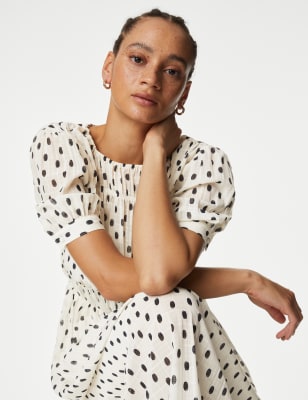 

Womens M&S Collection Polka Dot Round Neck Midi Smock Dress - Ivory Mix, Ivory Mix