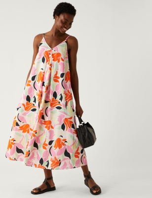 

Womens M&S Collection Linen Rich V-Neck Midi Slip Dress - Multi, Multi