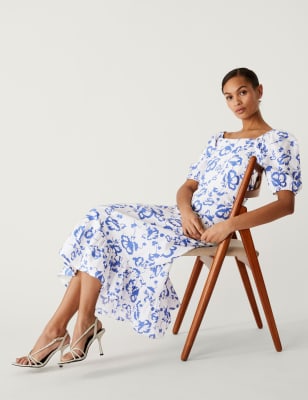 

M&S Collection Vestido floral a media pierna de lino de escote cuadradoWomens - Ivory Mix, Ivory Mix
