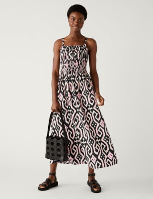 

Womens M&S Collection Pure Cotton Geometric Midaxi Waisted Dress - Black Mix, Black Mix