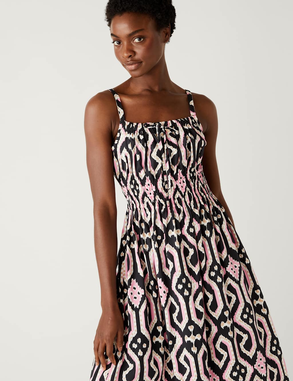 Pure Cotton Geometric Midaxi Waisted Dress image 2