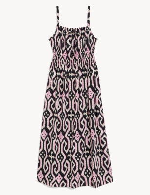 Pure Cotton Geometric Midaxi Waisted Dress
