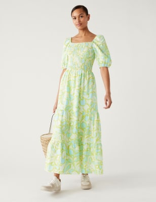 

Womens M&S Collection Linen Rich Floral Square Neck Midi Dress - Green Mix, Green Mix