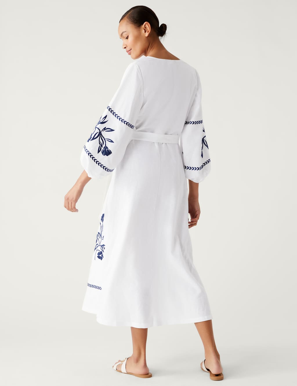 Linen Rich Floral V-Neck Midi Column Dress image 3