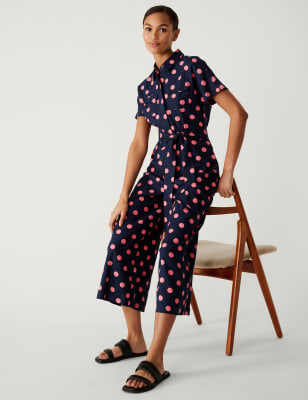 

Womens M&S Collection Jumpsuit aus Leinenmischgewebe mit Punktmuster und Gürtel - Navy Mix, Navy Mix