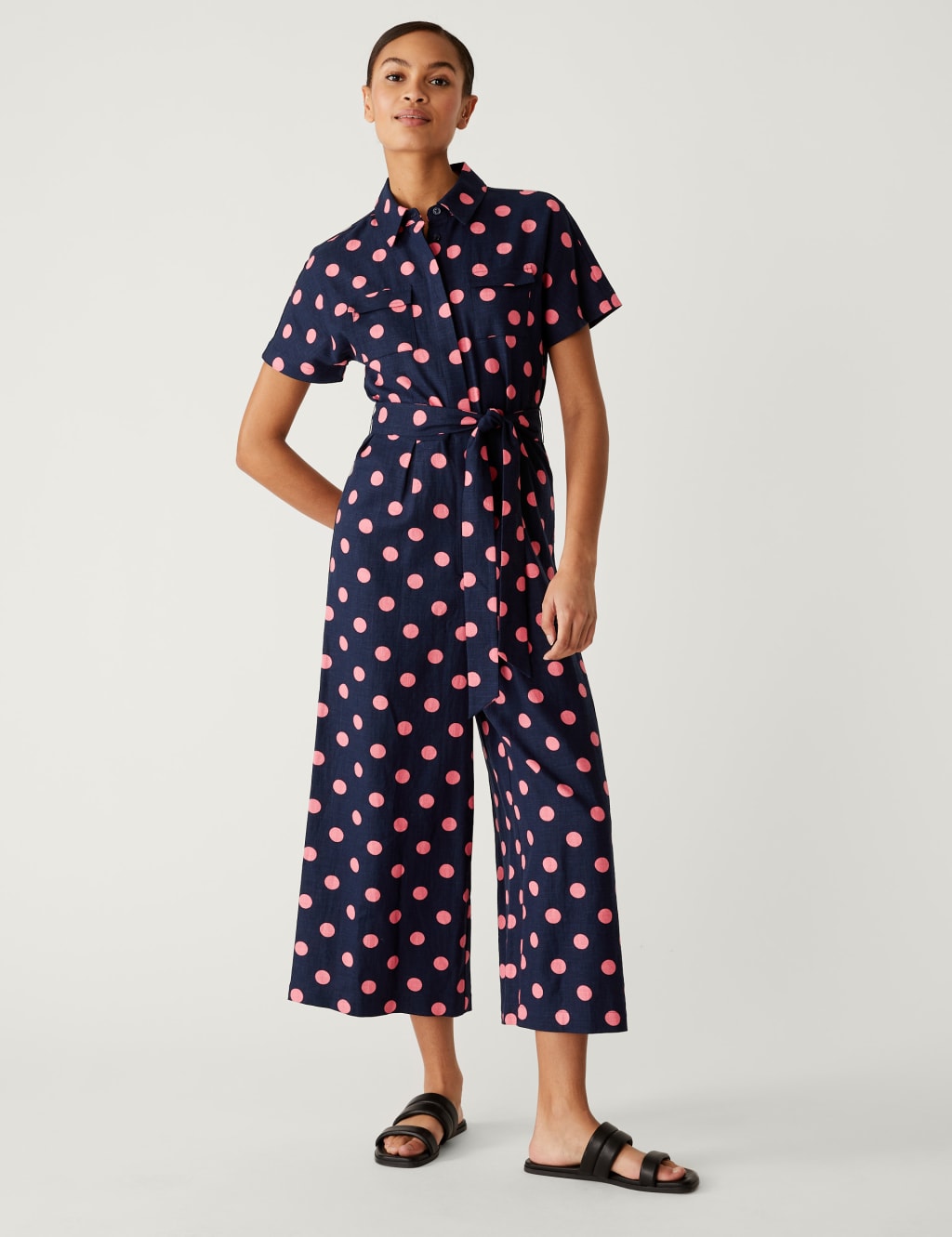 Linen Blend Polka Dot Belted Jumpsuit image 2