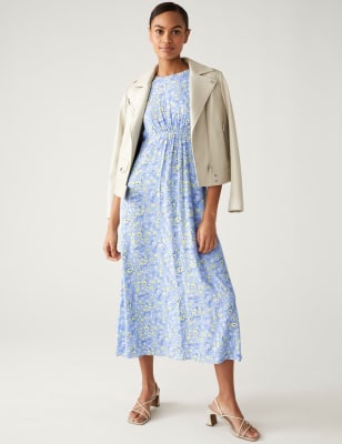 

Womens M&S Collection Geblümtes Midi-Teekleid aus Jacquard mit Rundhalsausschnitt - Blue Mix, Blue Mix