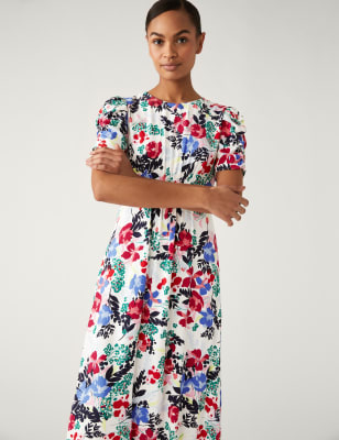 

M&S Collection Vestido de tarde a media pierna floral de jacquard con cuello redondoWomens - Multi, Multi