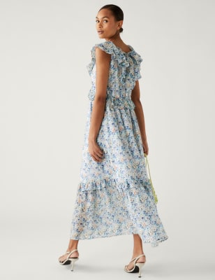 

Womens M&S Collection Geblümtes Midaxi-Stufenkleid mit V-Ausschnitt - Blue Mix, Blue Mix