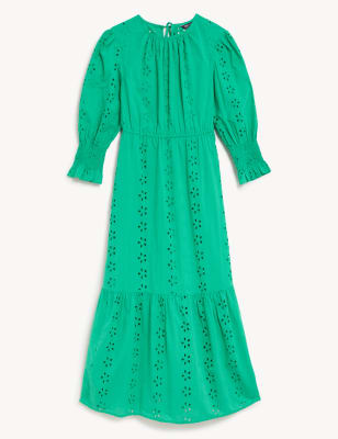 Pure Cotton Broderie Midi Waisted Dress