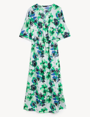 

Womens M&S Collection Floral V-Neck Midi Waisted Dress - Blue Mix, Blue Mix