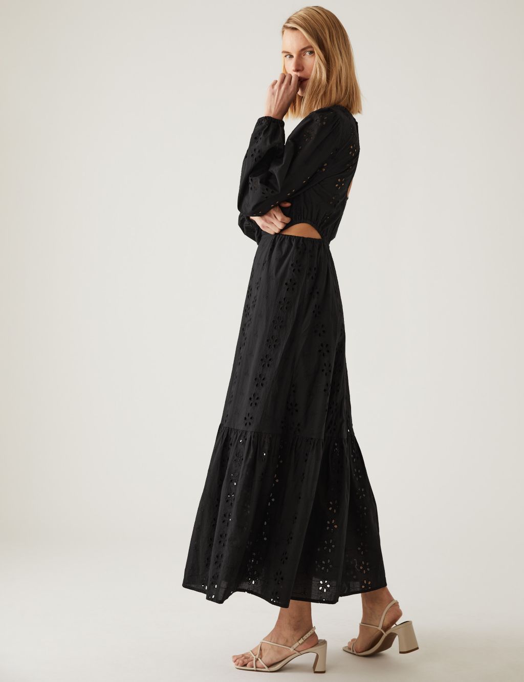Pure Cotton Broderie Midi Waisted Dress image 4