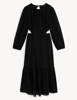 

Womens M&S Collection Pure Cotton Broderie Midi Waisted Dress - Black, Black