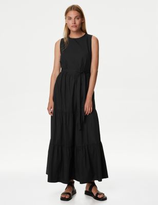 

Womens M&S Collection Pure Cotton Round Neck Midi Tiered Dress - Black, Black