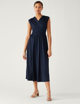 

Womens M&S Collection Jersey V-Neck Midi Wrap Dress - Navy, Navy