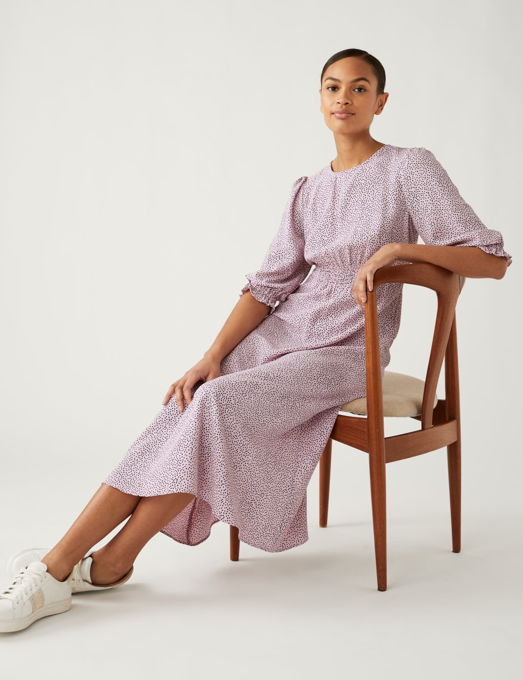Spot Print Round Neck Midi Tea Dress image 3
