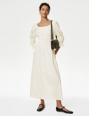 

Womens M&S Collection Pure Cotton Square Neck Midi Waisted Dress - Ivory, Ivory