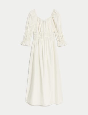 Pure Cotton Square Neck Midi Waisted Dress