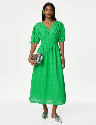 

Womens M&S Collection Pure Cotton Embroidered Midi Waisted Dress - Green, Green