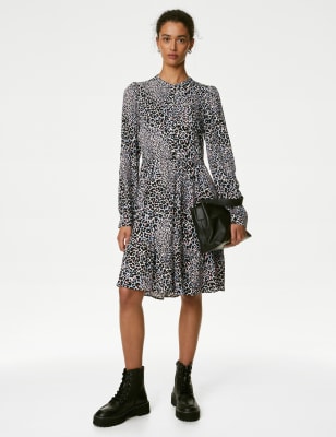 Animal Print Knee Length Tiered Shirt Dress