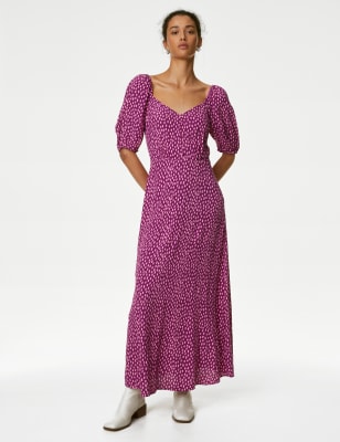 

Womens M&S Collection Gemustertes Midi-Teekleid mit Herzausschnitt - Pink Mix, Pink Mix