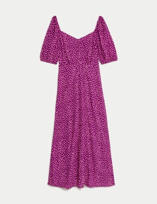 Printed Sweetheart Neckline Midi Tea Dress