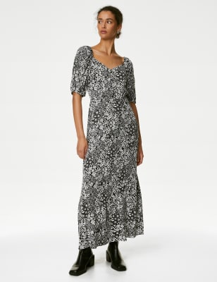 

Womens M&S Collection Printed Sweetheart Neckline Midi Tea Dress - Black Mix, Black Mix