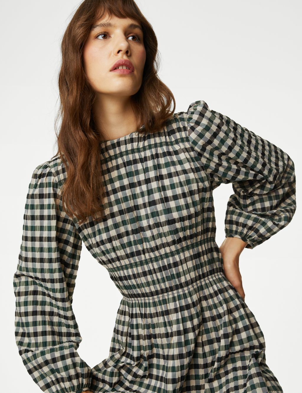 Cotton Blend Checked Midaxi Waisted Dress image 4