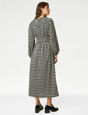 Cotton Blend Checked Midaxi Waisted Dress