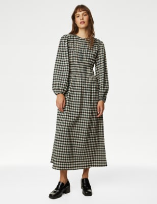 Cotton Blend Checked Midaxi Waisted Dress