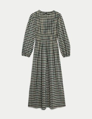 Cotton Blend Checked Midaxi Waisted Dress