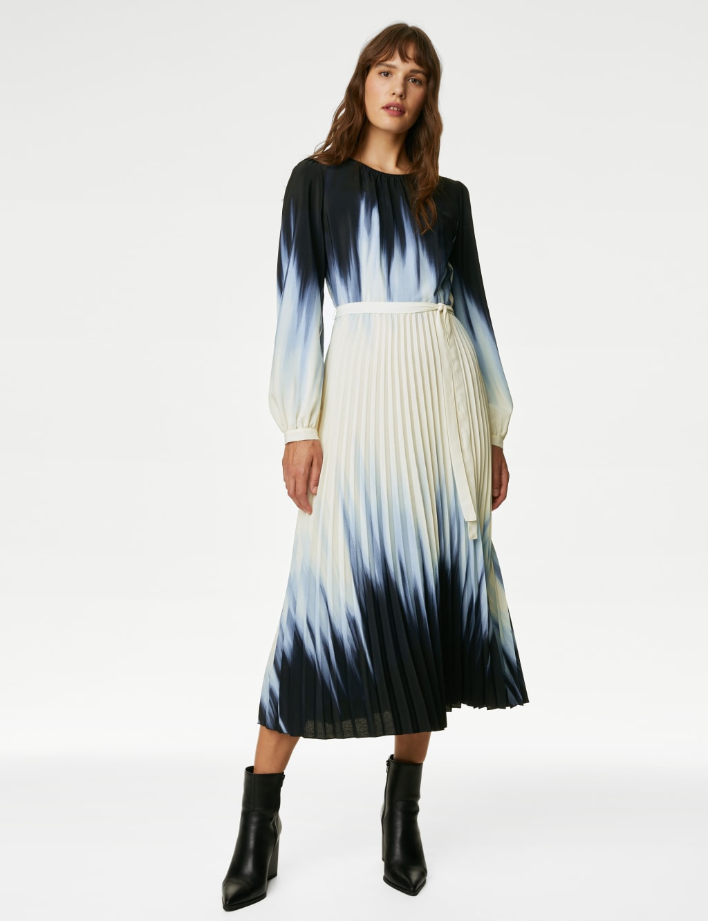 Ombre Tie Waist Pleated Midi Waisted Dress image 6