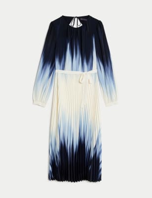 Ombre Tie Waist Pleated Midi Waisted Dress